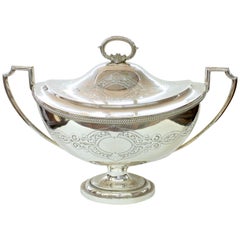 English Sheffield Silver Plate Hand Engraved "Adam Style" Lg. Soup Tureen
