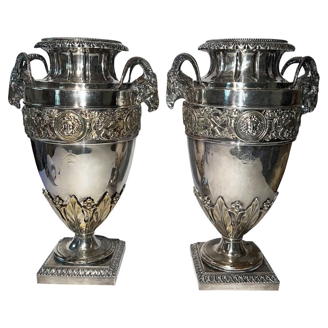 English Sheffield Silver Plate, Urns With Rams Heads And Faces  For Sale