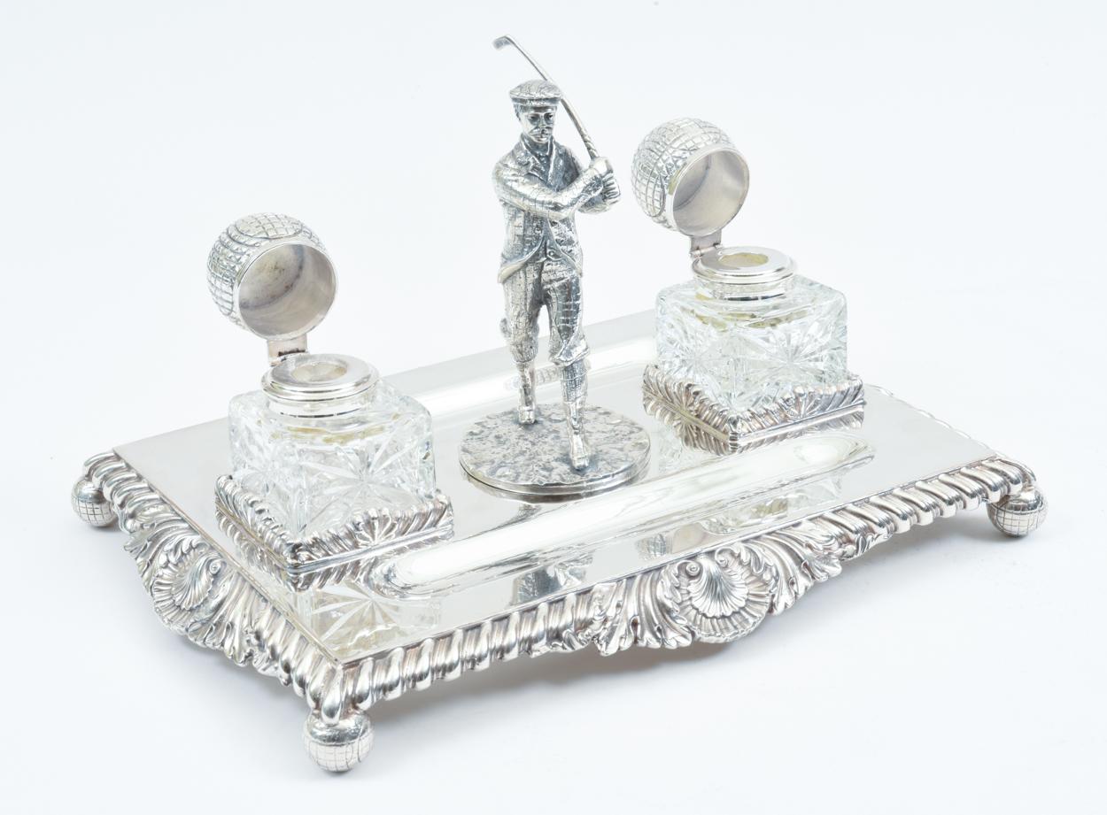 English Sheffield Silver Plated Footed Desk Inkwells with Stand 6