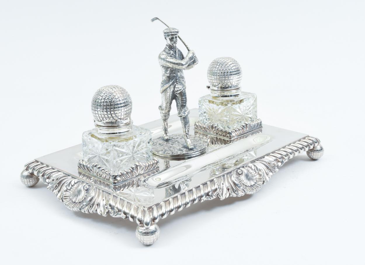 English Sheffield Silver Plated Footed Desk Inkwells with Stand 7