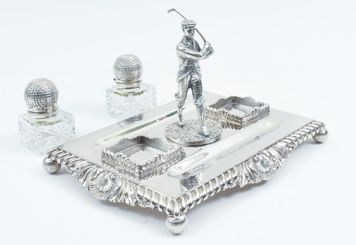 English Sheffield Silver Plated Footed Desk Inkwells with Stand In Excellent Condition In Tarry Town, NY
