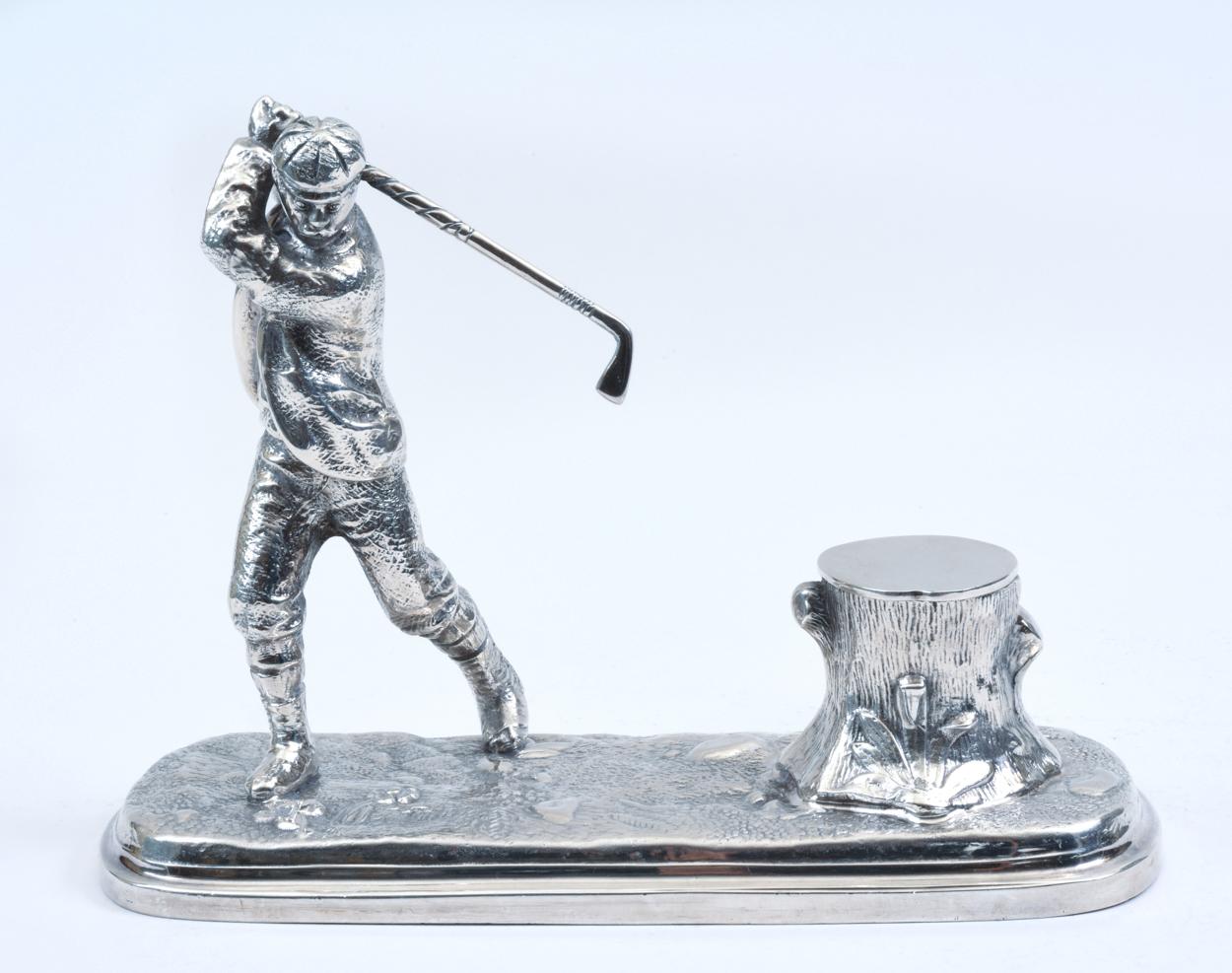 English Sheffield Silver Plated Inkwell with Golfer Design Details 6
