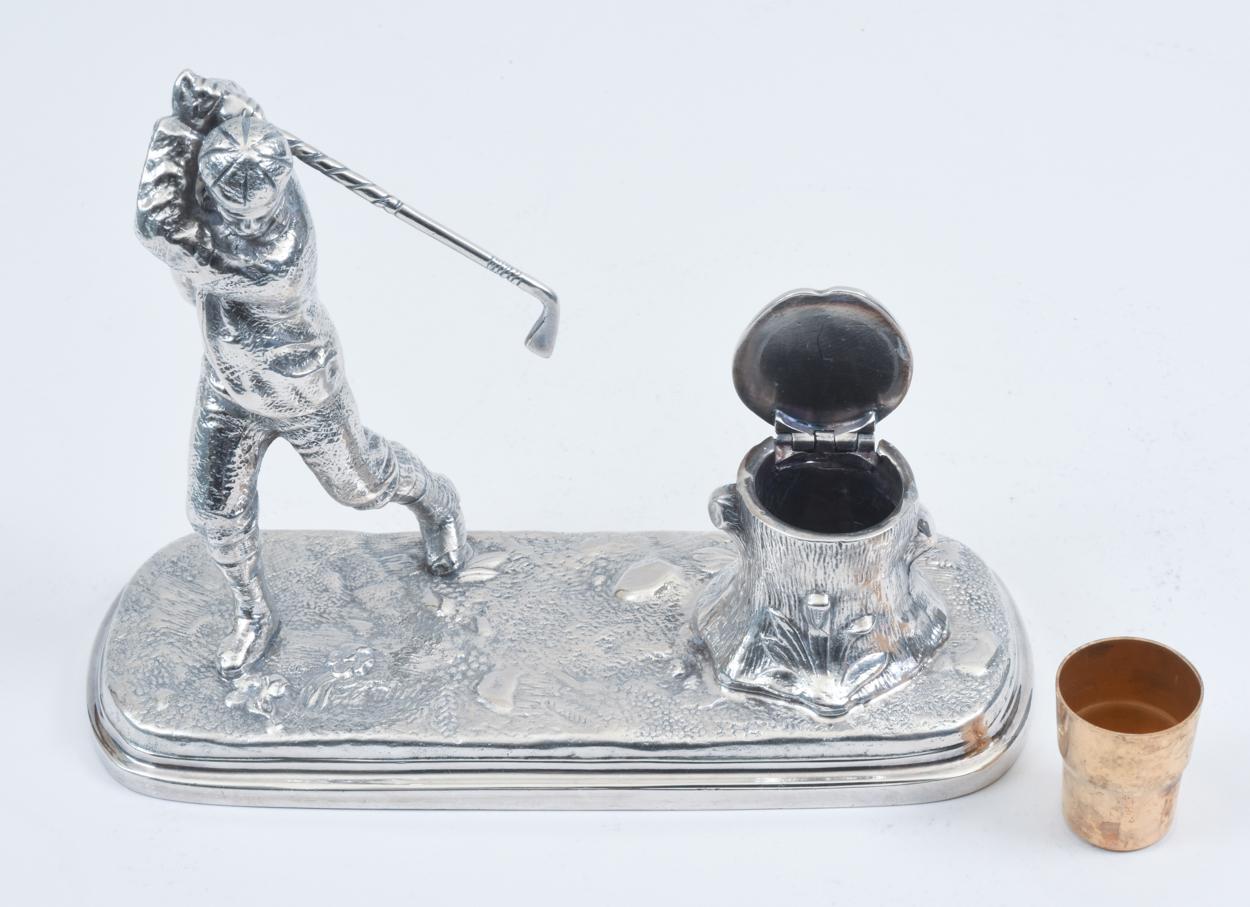 English Sheffield Silver Plated Inkwell with Golfer Design Details In Excellent Condition In Tarry Town, NY