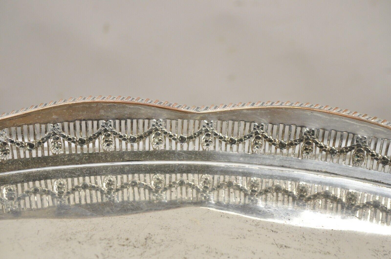 English Sheffield William Adams Silver Plated Pierced Drape Gallery Oval Tray In Good Condition For Sale In Philadelphia, PA