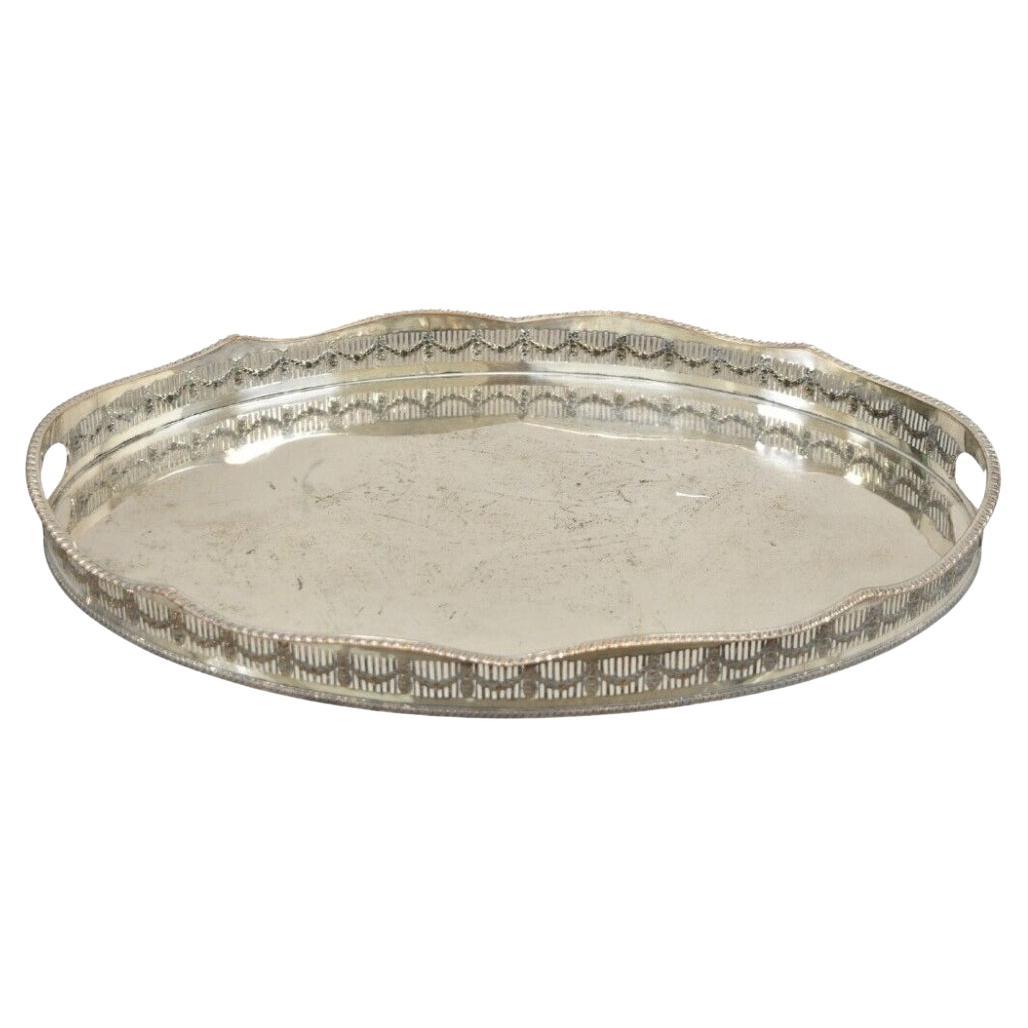 English Sheffield William Adams Silver Plated Pierced Drape Gallery Oval Tray For Sale