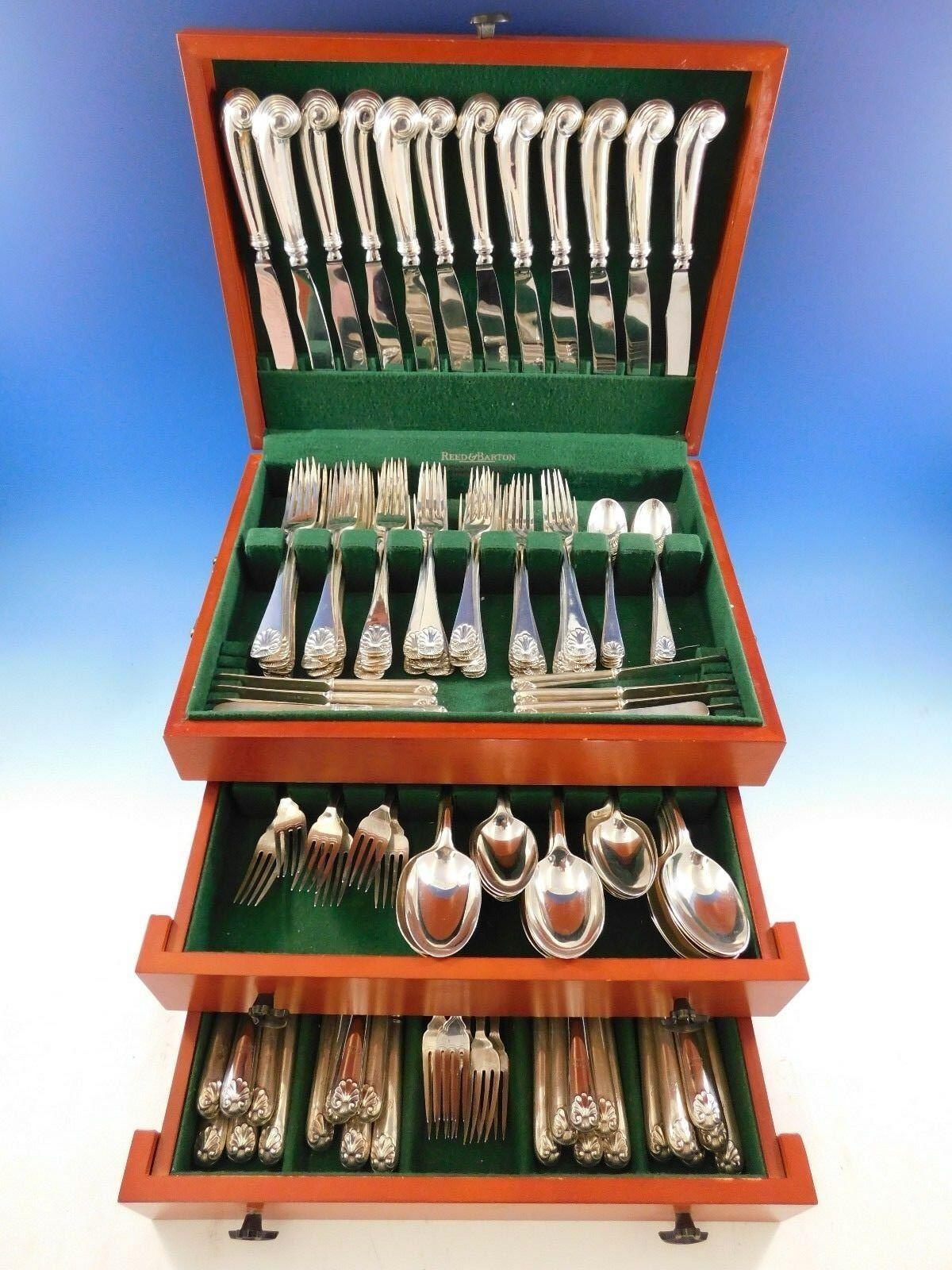Monumental English Shell by Crichton Brothers of London sterling silver Flatware set, 148 pieces. This set includes:

12 dinner knives, 9 3/4