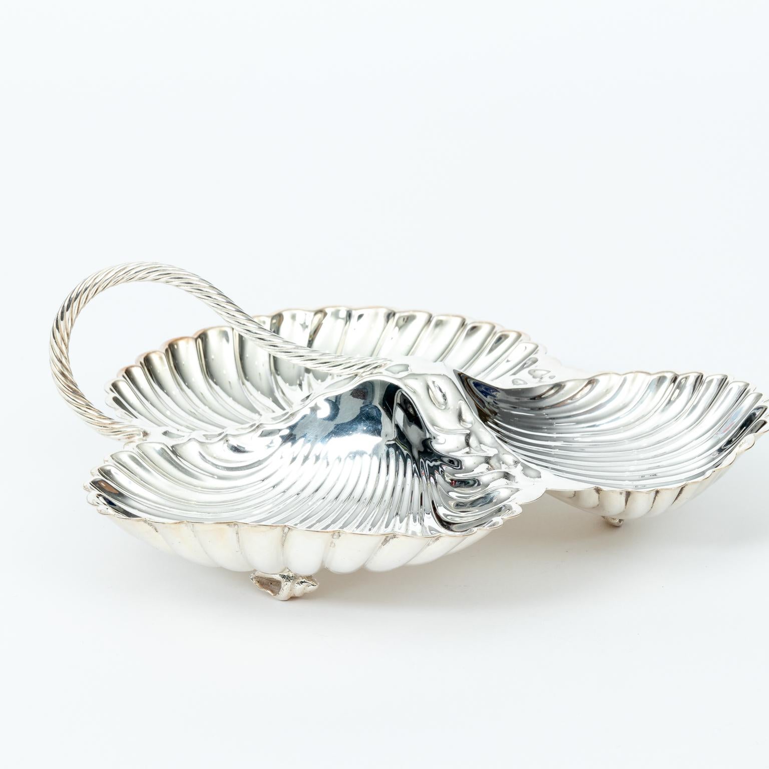 English silver plate tri section scallop shell serving dish, circa late 1940s. Please note of wear consistent with age. Made in England.