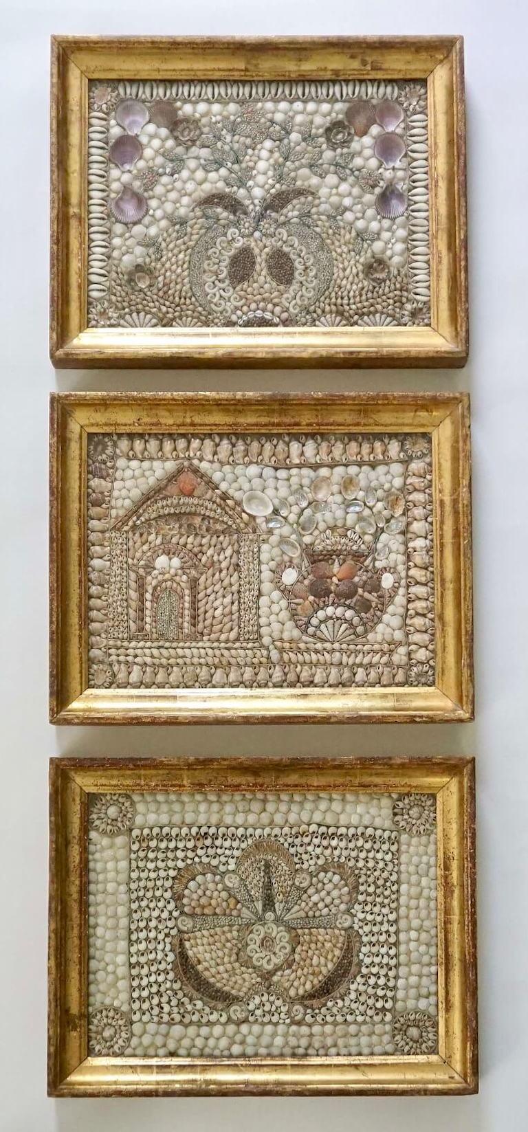 English Shellwork Pictures in Original Giltwood Frames, Set of Three, circa 1840 For Sale 5