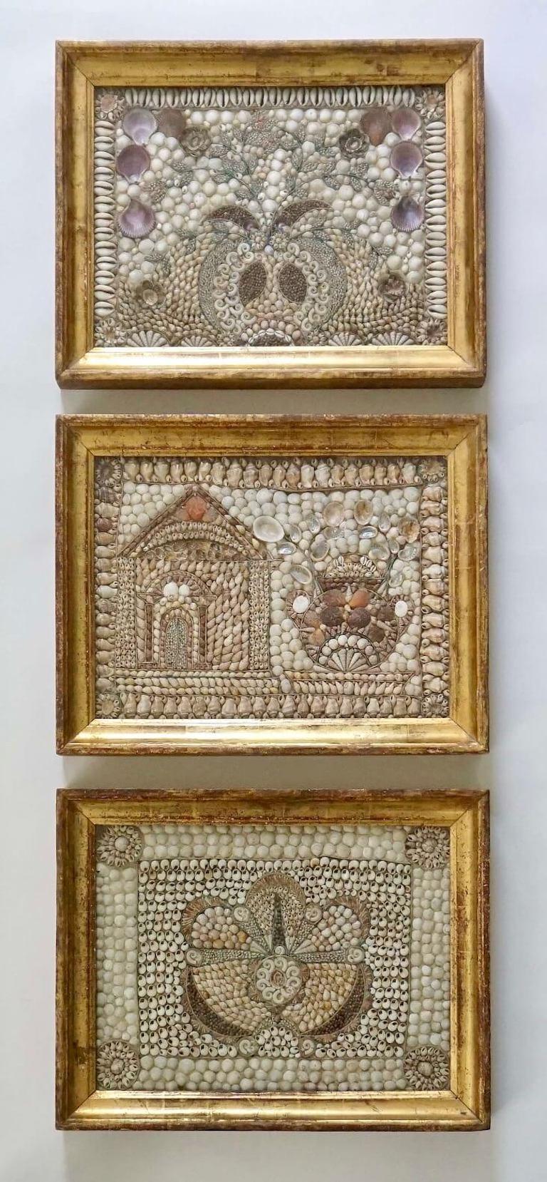 British English Shellwork Pictures in Original Giltwood Frames, Set of Three, circa 1840 For Sale