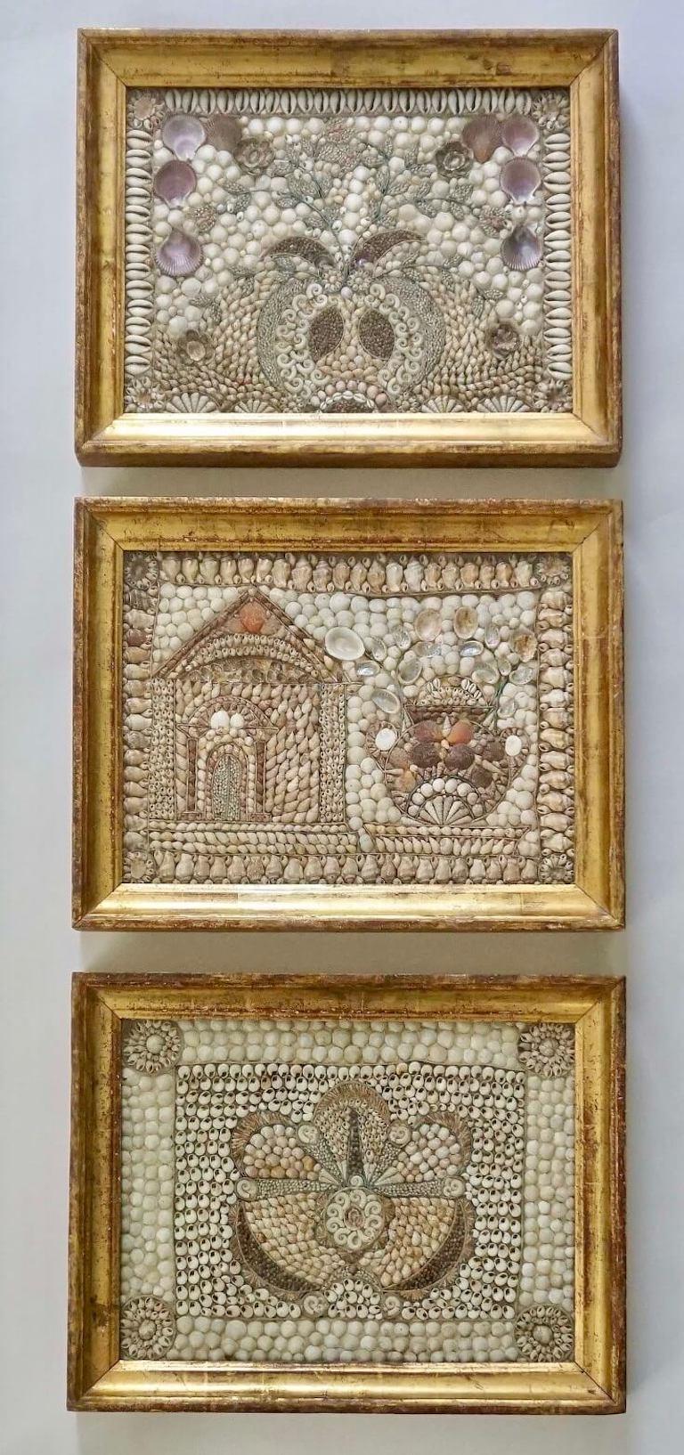 English Shellwork Pictures in Original Giltwood Frames, Set of Three, circa 1840 In Good Condition For Sale In Kinderhook, NY