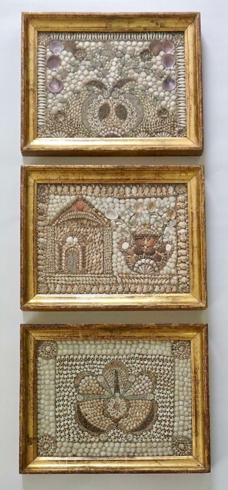 English Shellwork Pictures in Original Giltwood Frames, Set of Three, circa 1840 For Sale 1