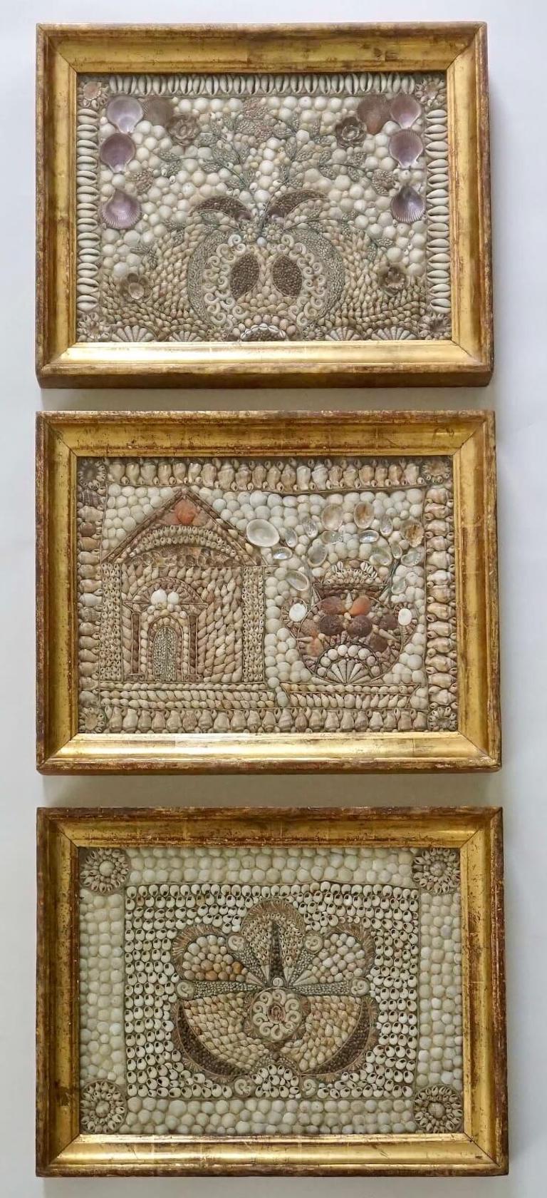 English Shellwork Pictures in Original Giltwood Frames, Set of Three, circa 1840 For Sale 3