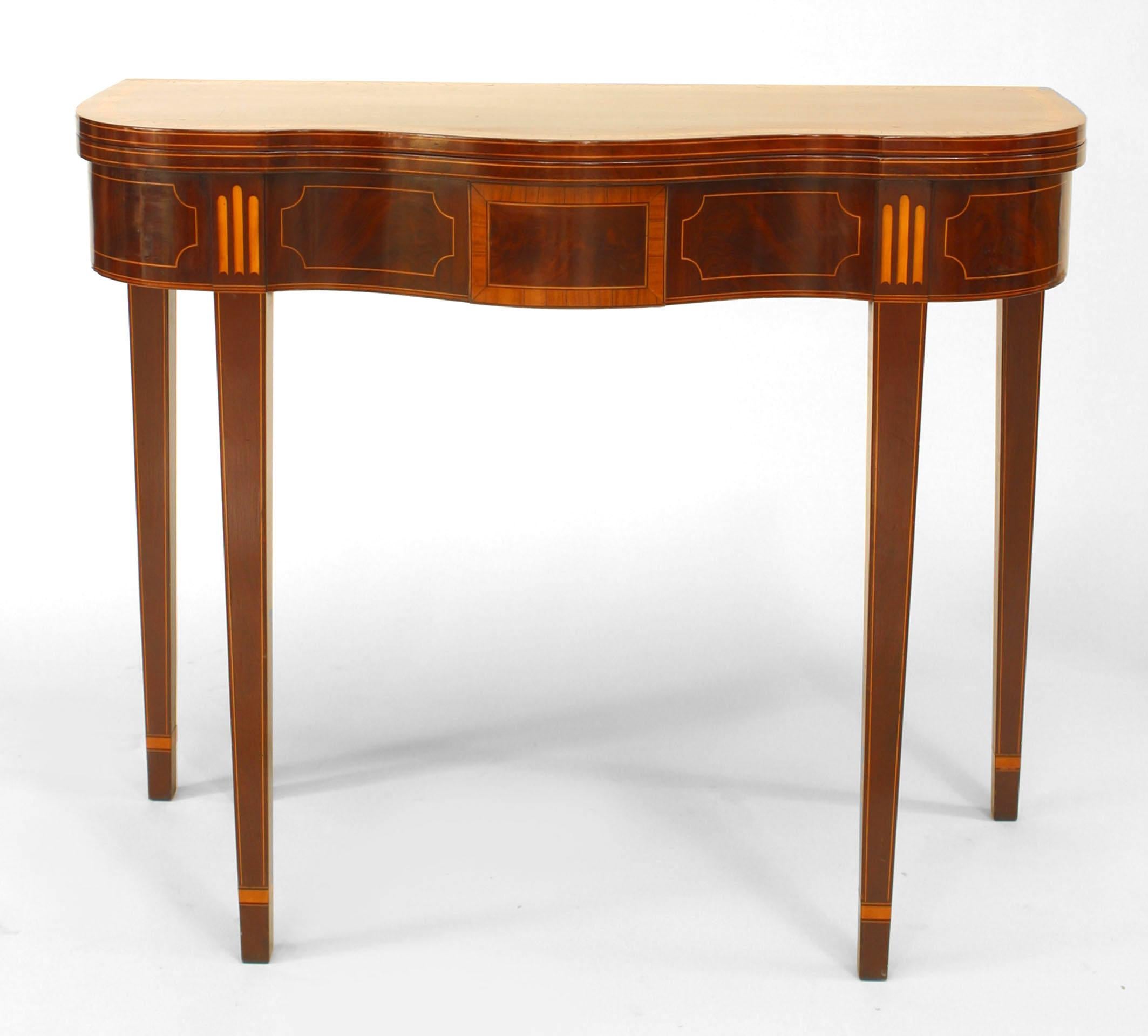 English Sheraton (18th-19th century) mahogany flip-top console card table with shaped bow front and satinwood banding and inlay on top and apron.
 