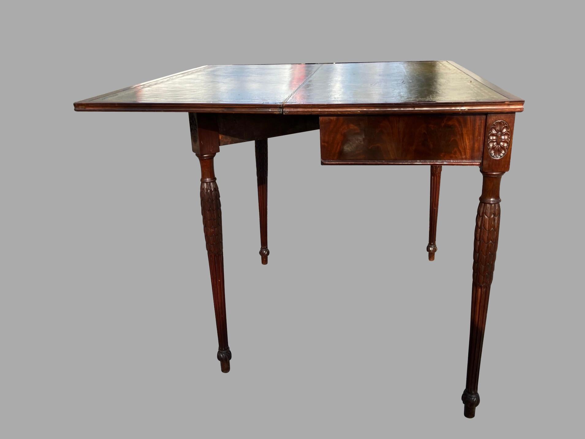 English Sheraton Mahogany Flip Top Games Table with Gilt-Tooled Leather Top  For Sale 3