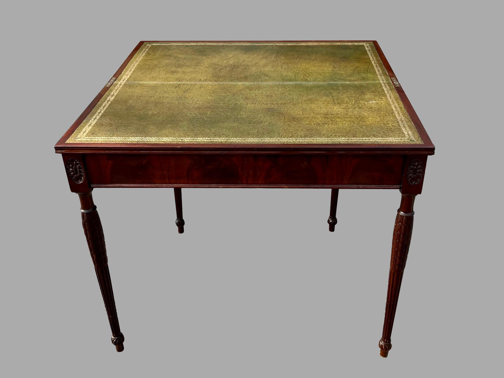 English Sheraton Mahogany Flip Top Games Table with Gilt-Tooled Leather Top  For Sale 5