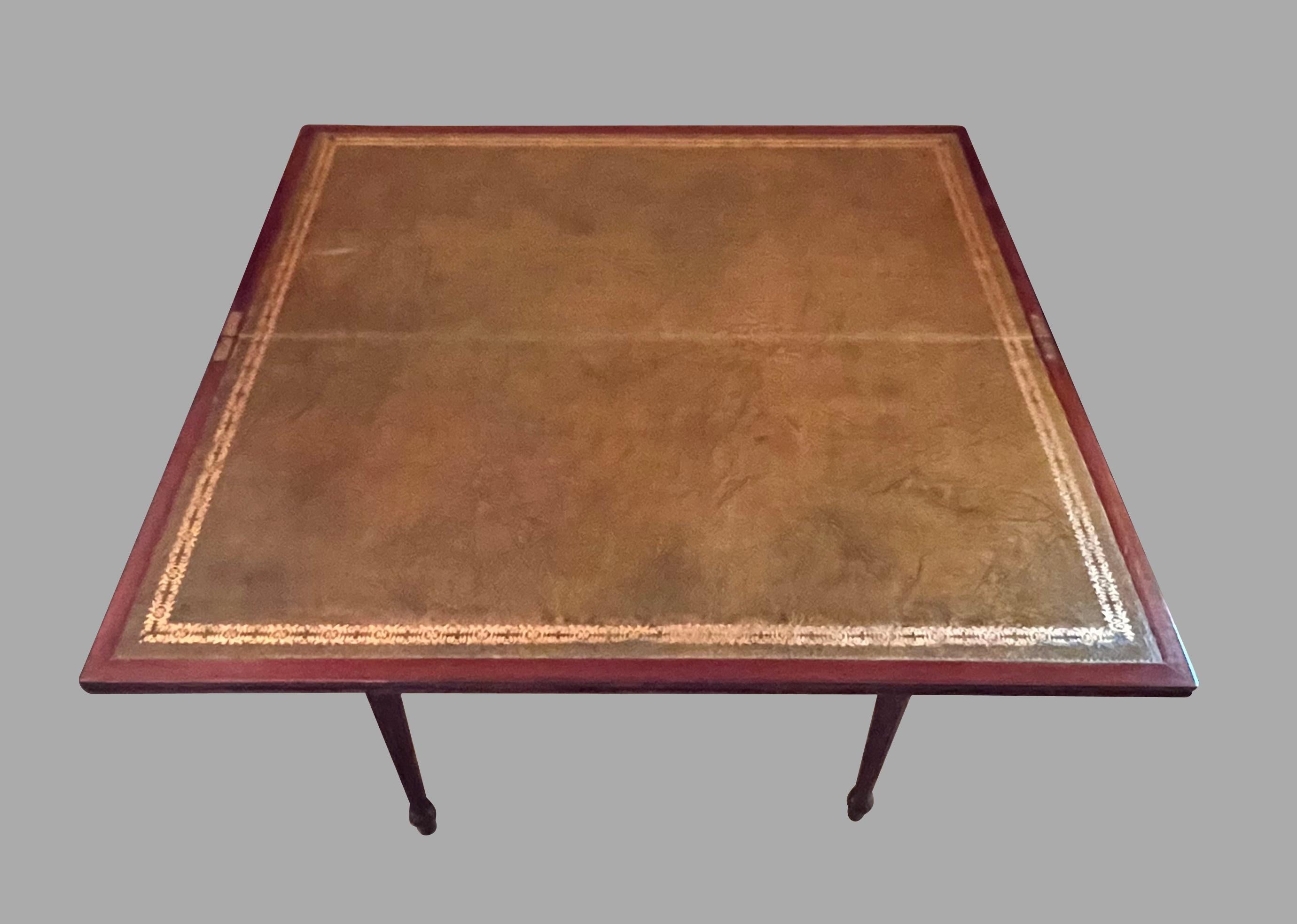 English Sheraton Mahogany Flip Top Games Table with Gilt-Tooled Leather Top  In Good Condition For Sale In San Francisco, CA