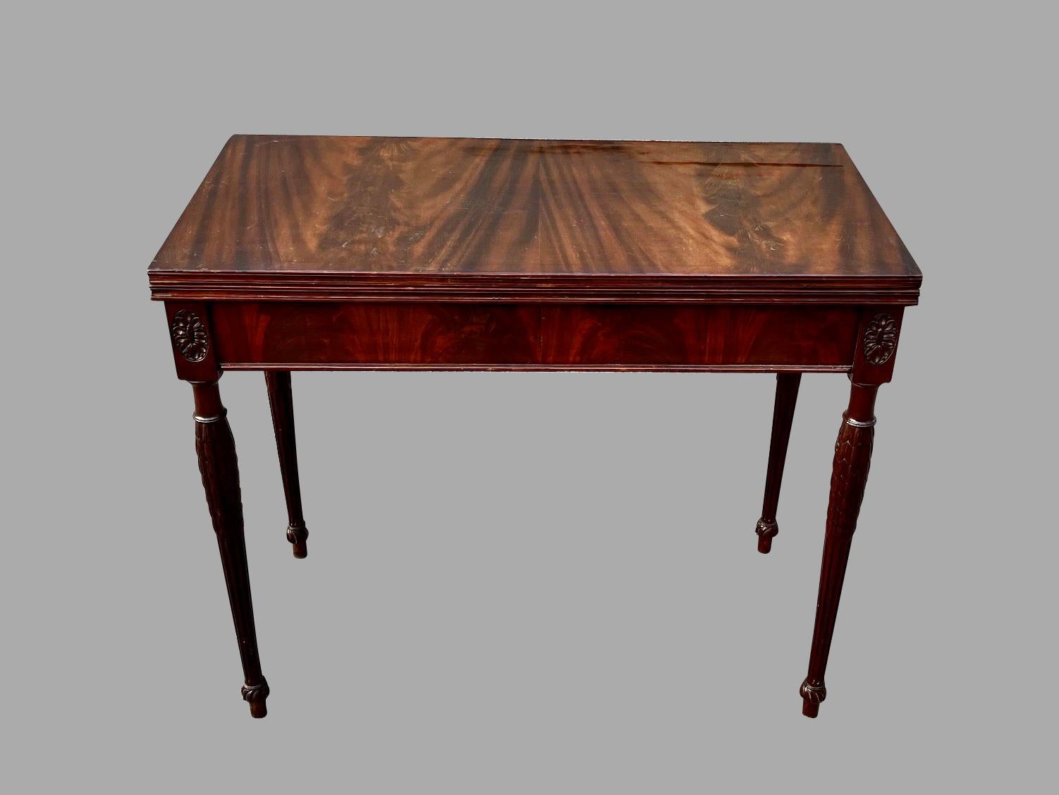 English Sheraton Mahogany Flip Top Games Table with Gilt-Tooled Leather Top  For Sale 1