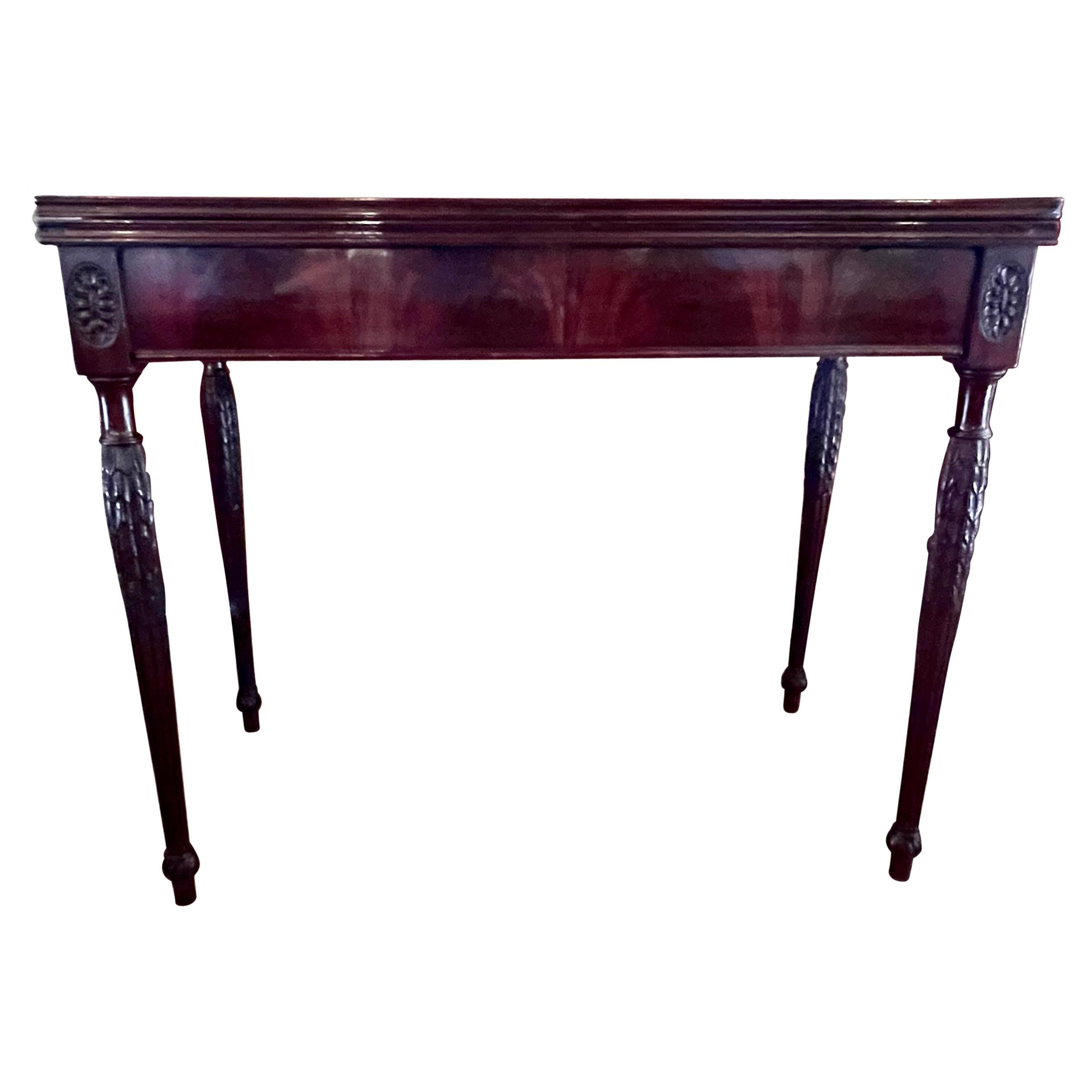 English Sheraton Mahogany Flip Top Games Table with Gilt-Tooled Leather Top  For Sale