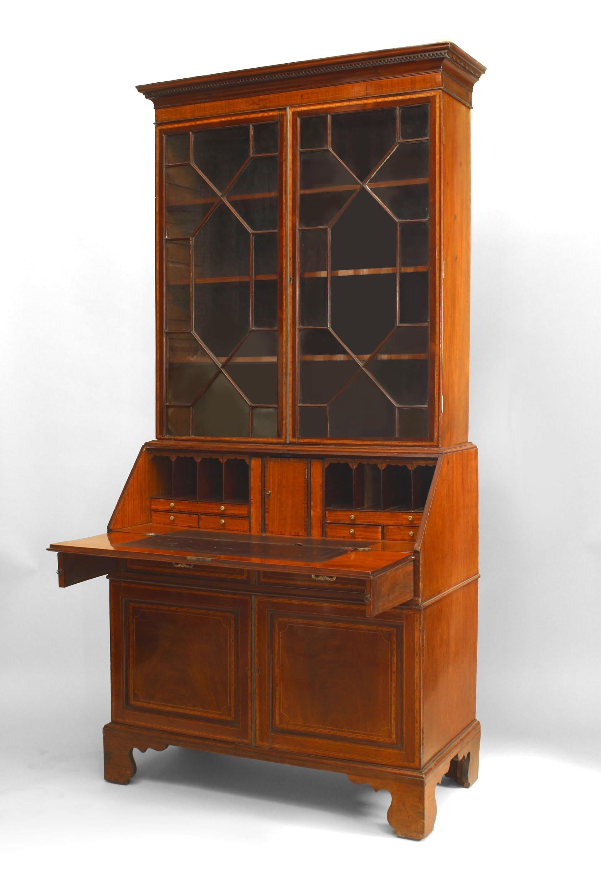 English Sheraton style (19th century) mahogany inlaid secretary with 2 lattice doors.