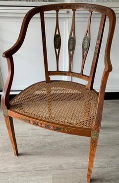 English Sheraton Revival Painted Cane Armchair with Classical Figures, ca 1890