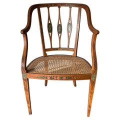 English Sheraton Revival Painted Cane Armchair with Classical Figures, ca 1890