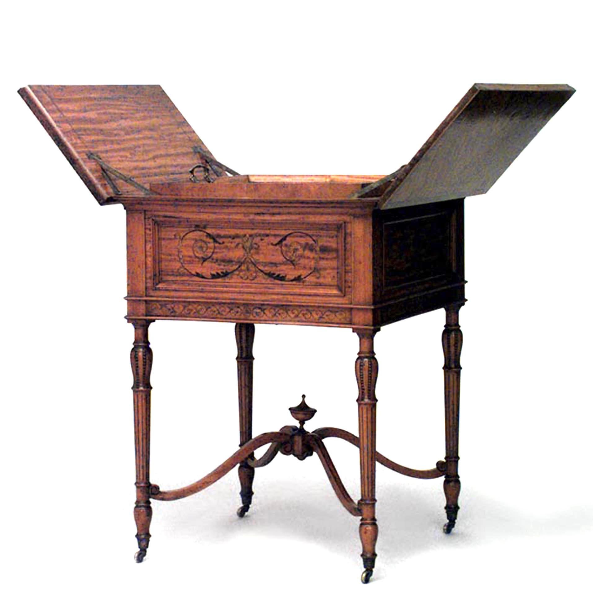 English Sheraton-style (19th Century) square satinwood and inlaid cellarette end table with mechanical folding top revealing a square tray and finial stretcher.
