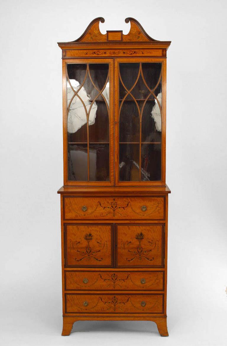 English Sheraton-style (19th Century) satinwood and inlaid small secretary with arched lattice doors and pediment top
