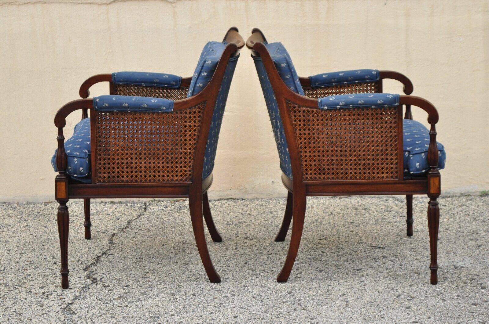 English Sheraton Style Regency Cane Mahogany Frame Lounge Arm Chairs, a Pair 5