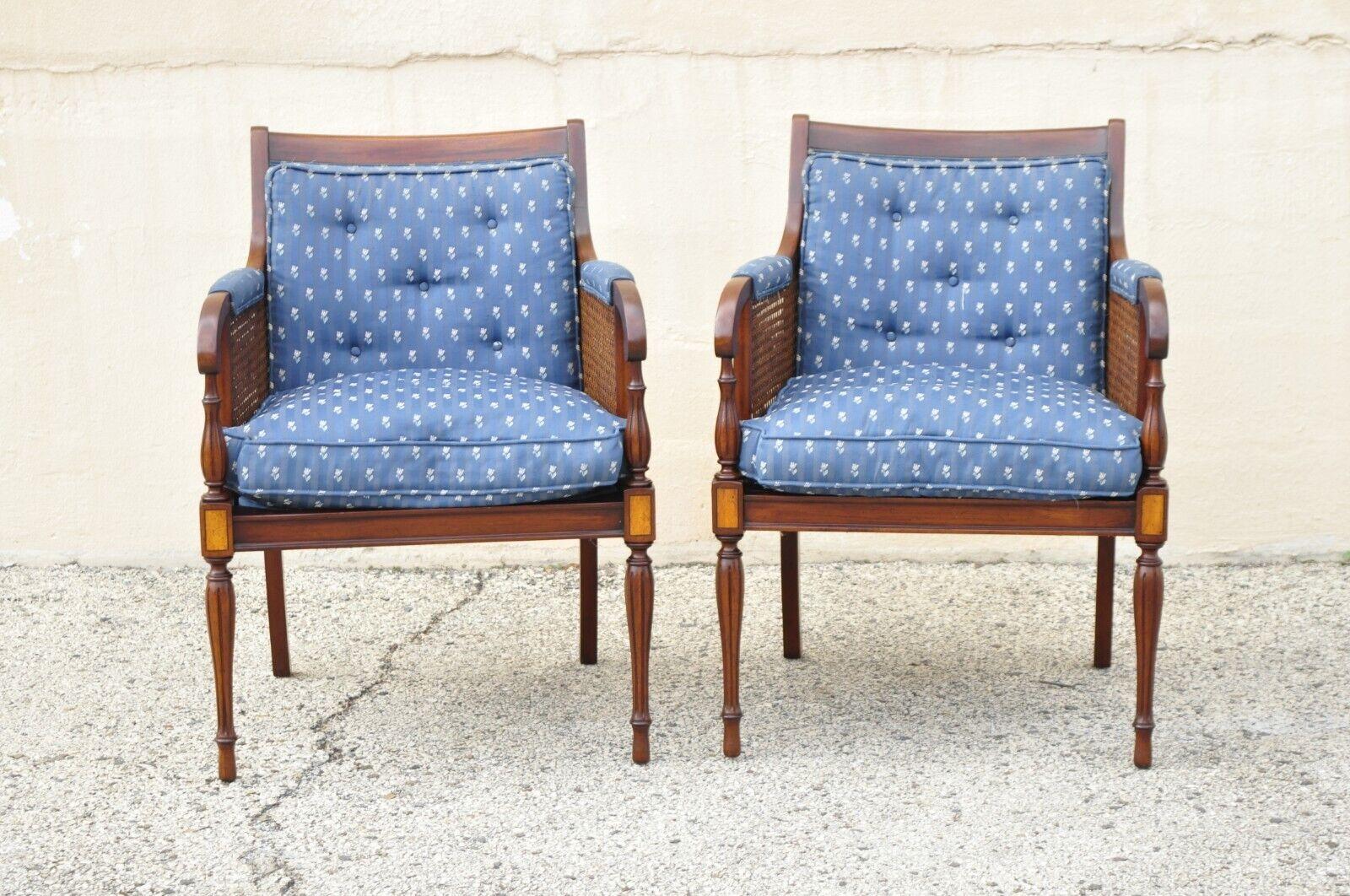 English Sheraton Style Regency Cane Mahogany Frame Lounge Arm Chairs, a Pair 6