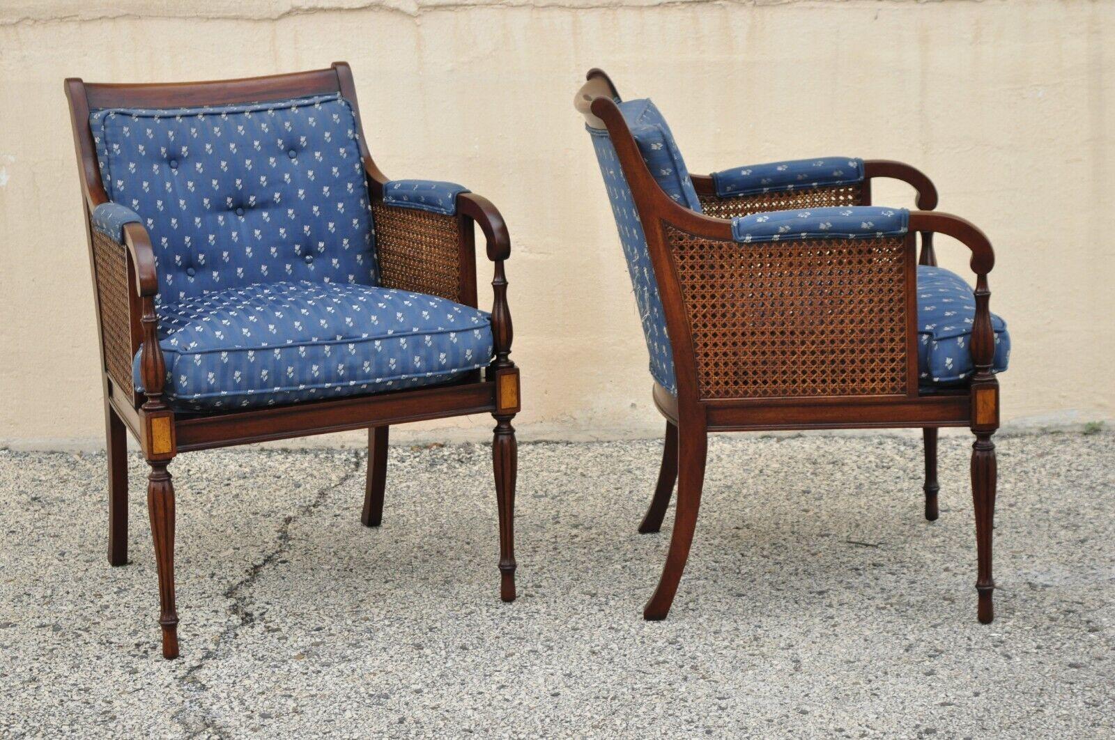 English Sheraton Style Regency Cane mahogany Frame Lounge arm chairs - a Pair. Item features dane arm panels, solid wood frame, tapered legs, very nice vintage pair, quality American craftsmanship. Circa Mid to late 20th Century. Measurements: 34