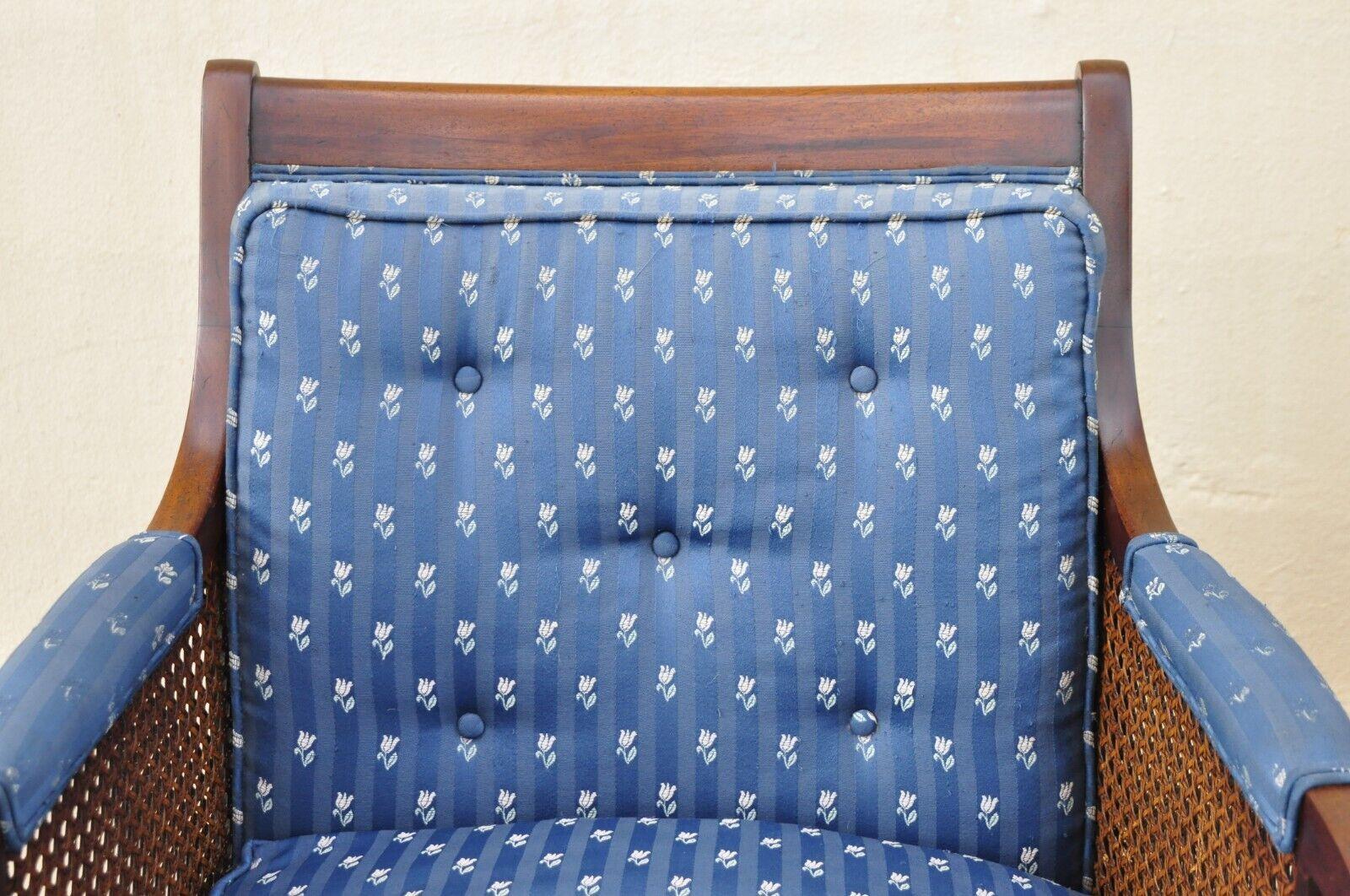 Caning English Sheraton Style Regency Cane Mahogany Frame Lounge Arm Chairs, a Pair