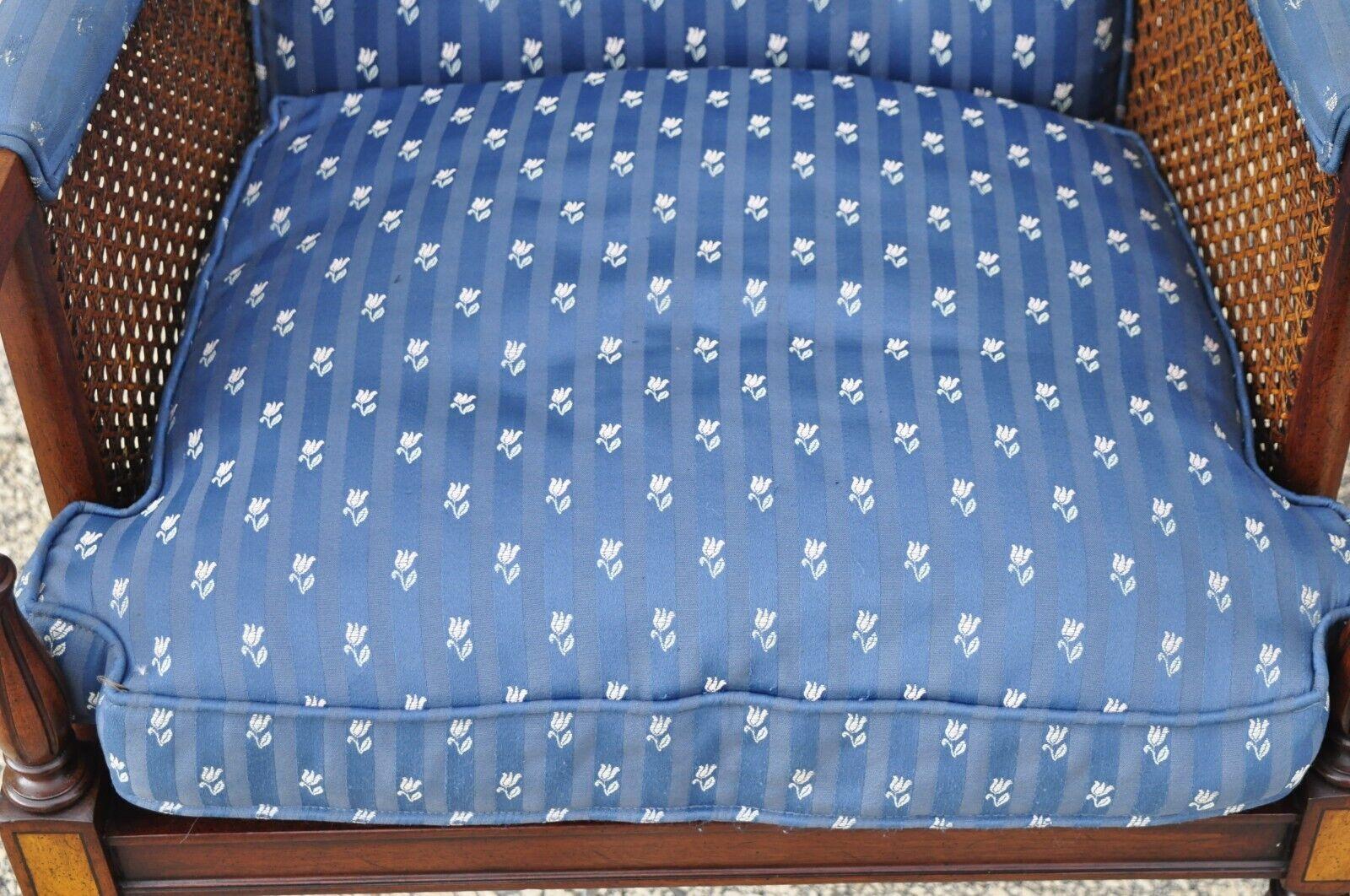 English Sheraton Style Regency Cane Mahogany Frame Lounge Arm Chairs, a Pair In Good Condition In Philadelphia, PA