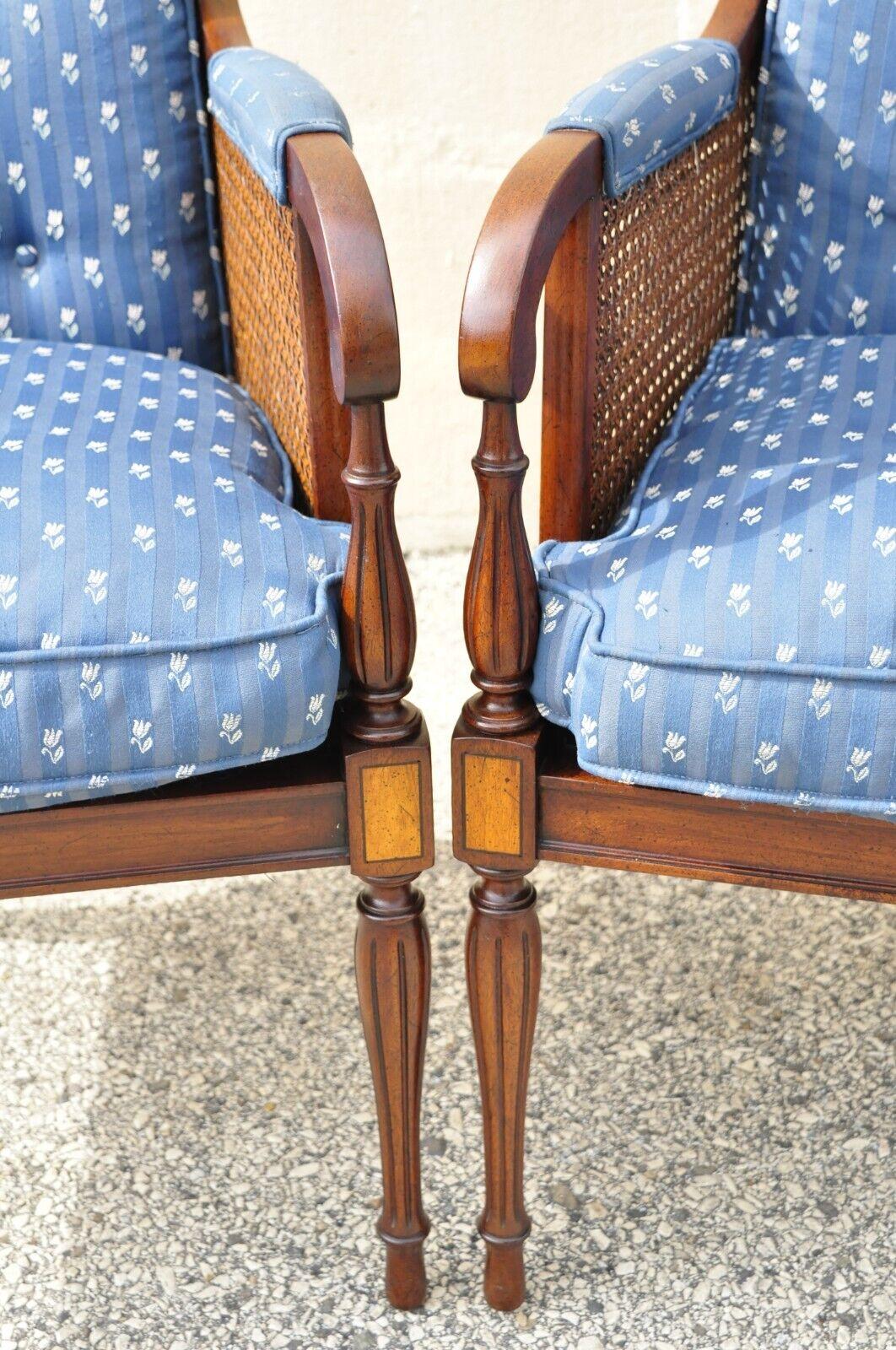 20th Century English Sheraton Style Regency Cane Mahogany Frame Lounge Arm Chairs, a Pair