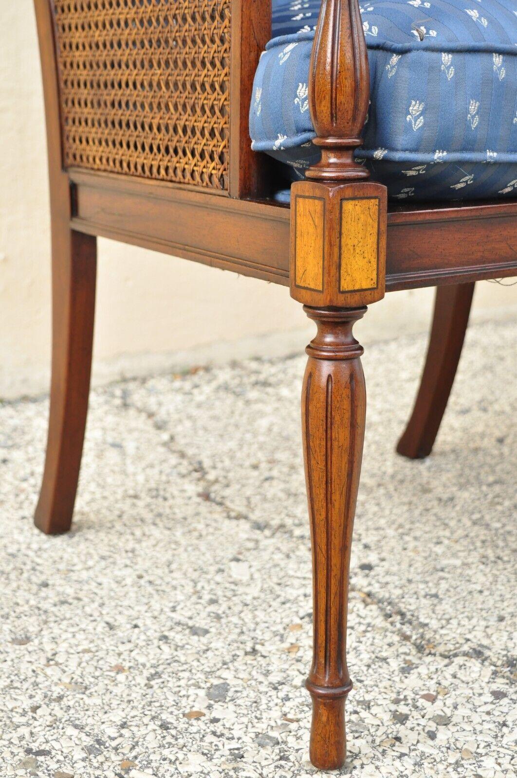 English Sheraton Style Regency Cane Mahogany Frame Lounge Arm Chairs, a Pair 3