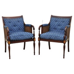 English Sheraton Style Regency Cane Mahogany Frame Lounge Arm Chairs, a Pair