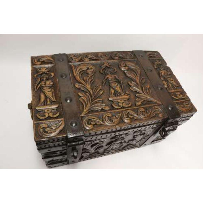English ships or country house carved oak and steel bound strong box, circa 1840 For Sale 4
