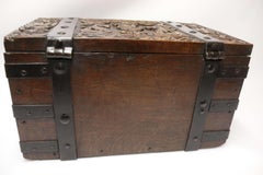 English ships or country house carved oak and steel bound strong box, circa 1840