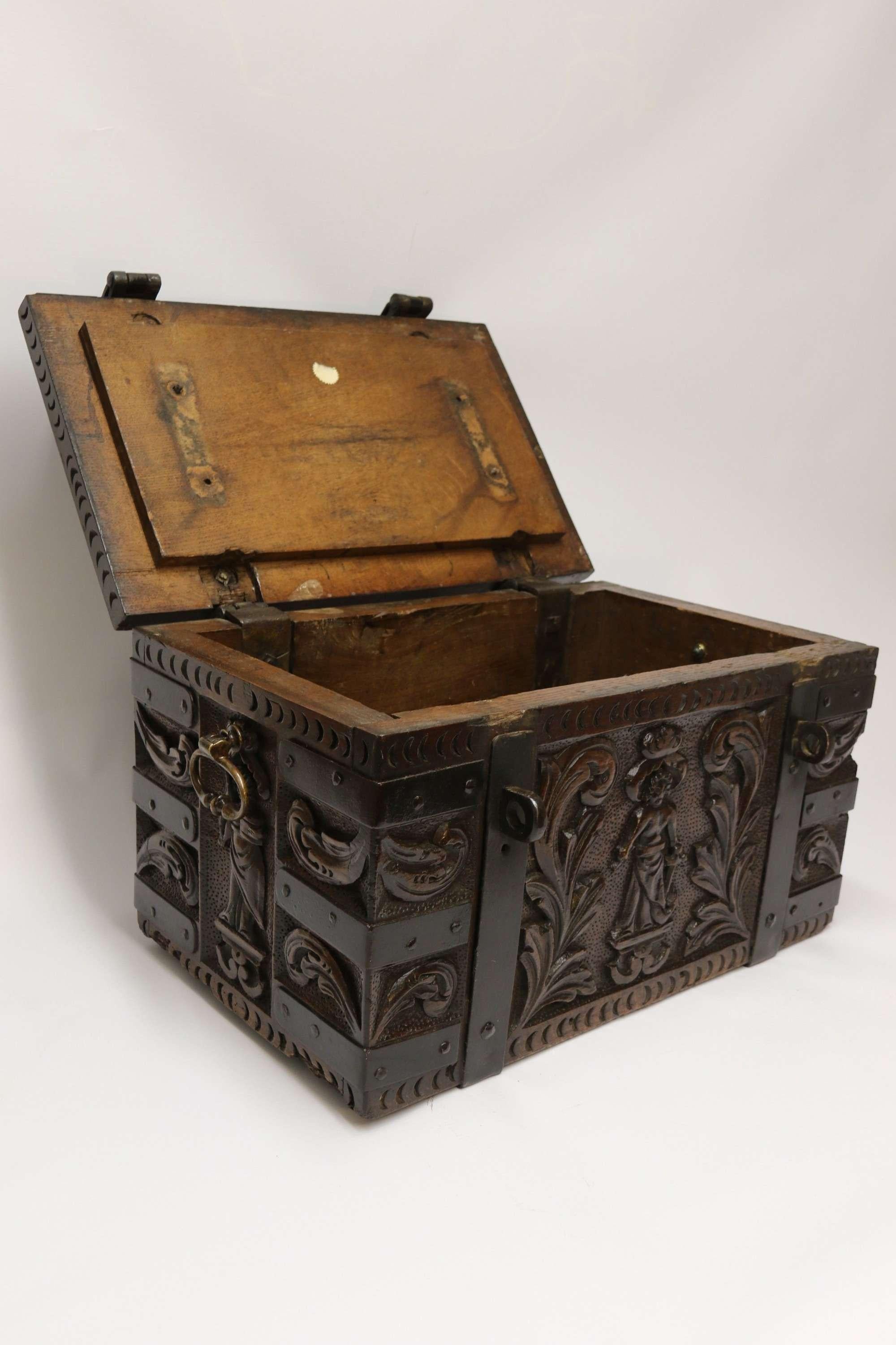 Late Victorian English ships or country house carved oak and steel bound strong box, circa 1840 For Sale