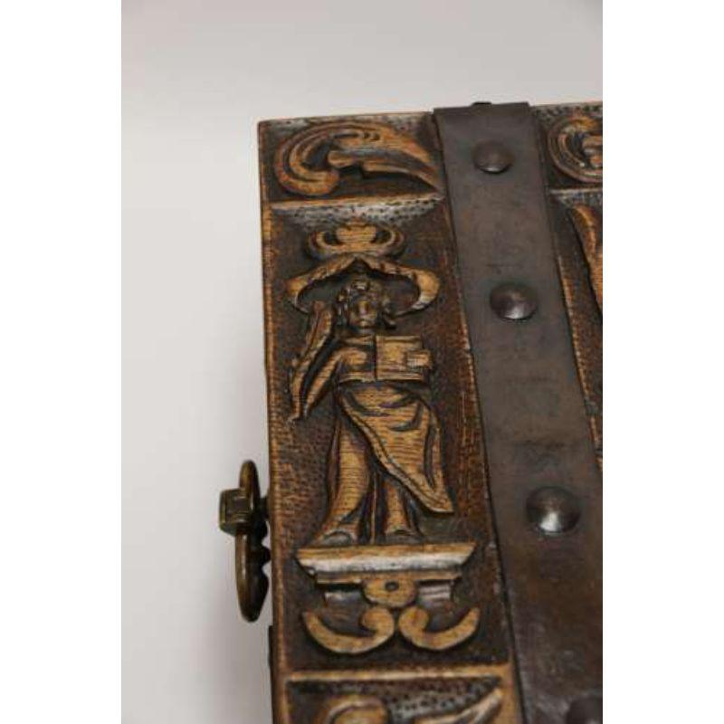 English ships or country house carved oak and steel bound strong box, circa 1840 For Sale 3