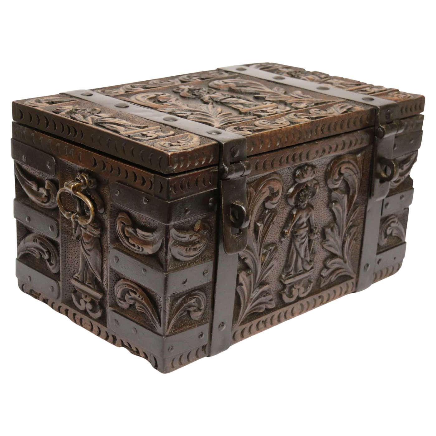 English ships or country house carved oak and steel bound strong box ...