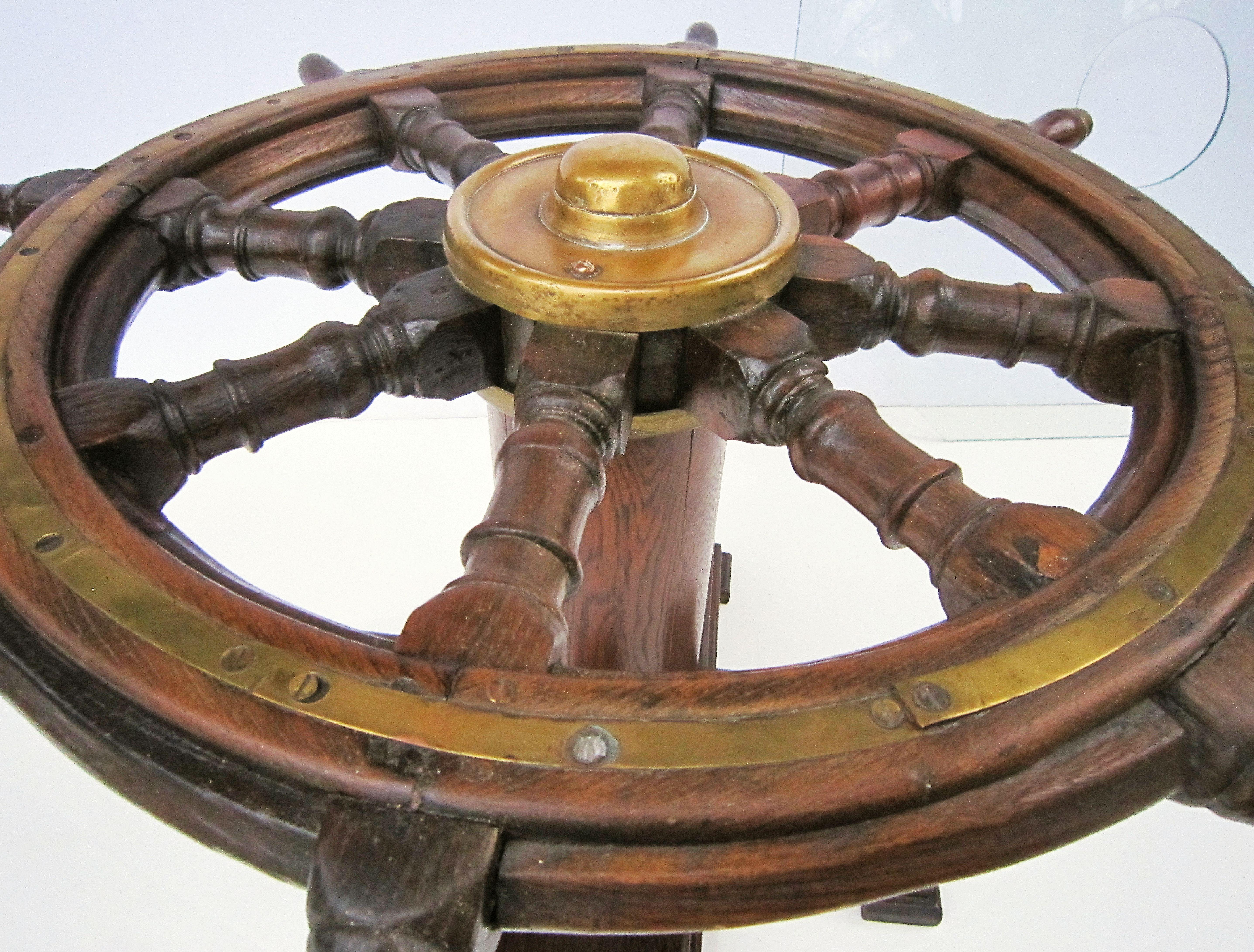 English Ship's Wheel Table of Oak and Brass with Octagonal Glass Top 5