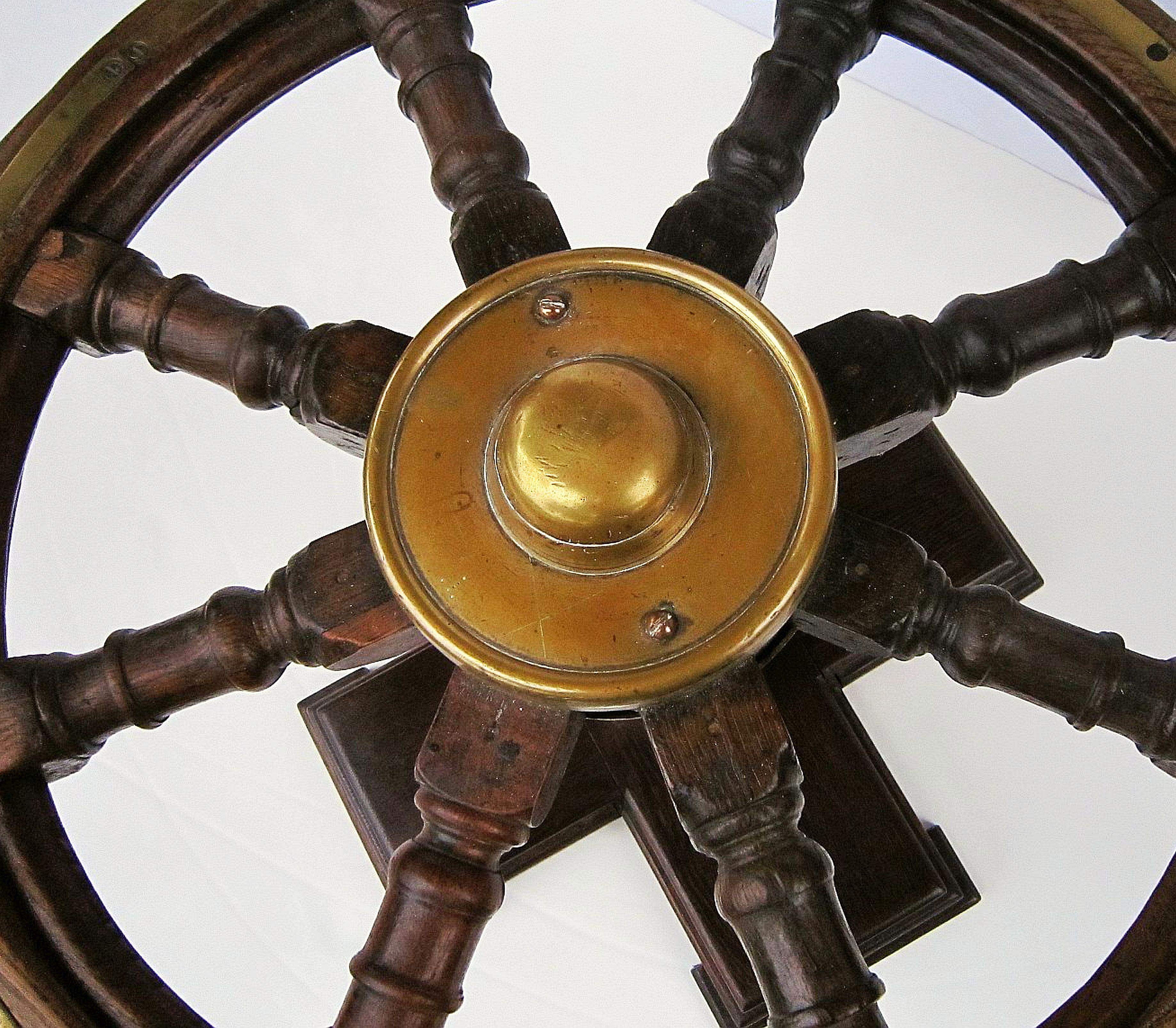 English Ship's Wheel Table of Oak and Brass with Octagonal Glass Top 8