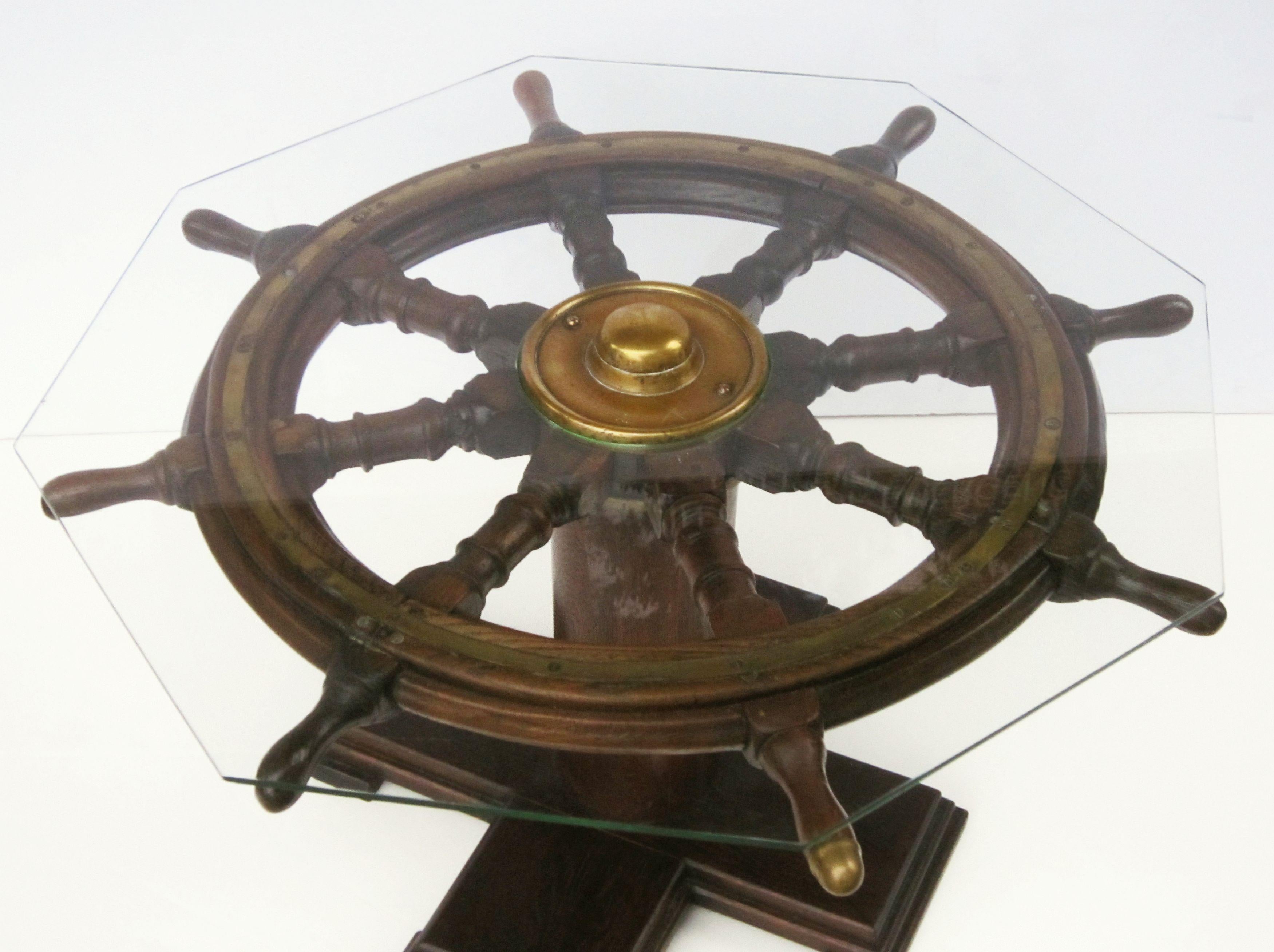 English Ship's Wheel Table of Oak and Brass with Octagonal Glass Top In Good Condition In Austin, TX