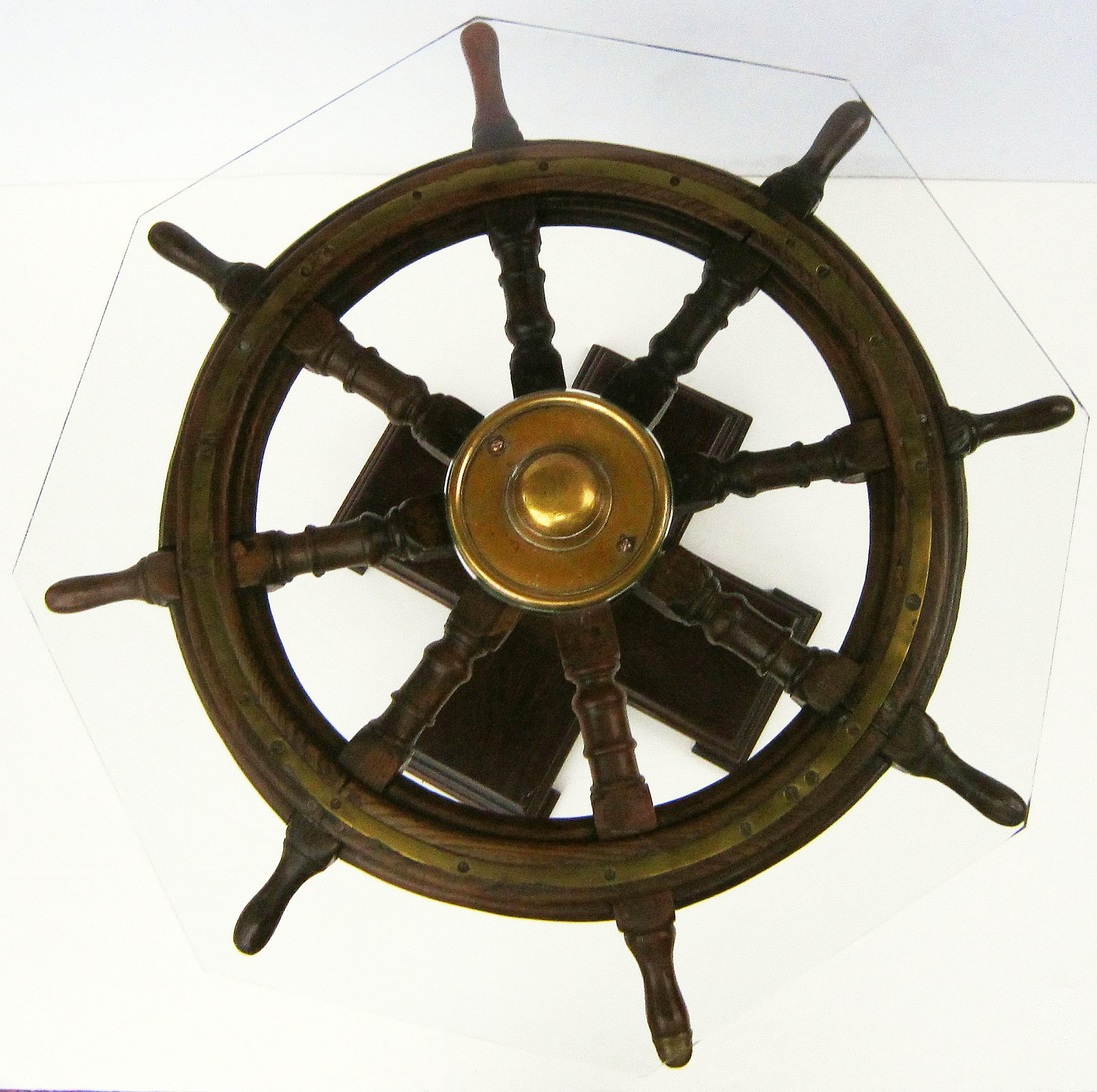 20th Century English Ship's Wheel Table of Oak and Brass with Octagonal Glass Top