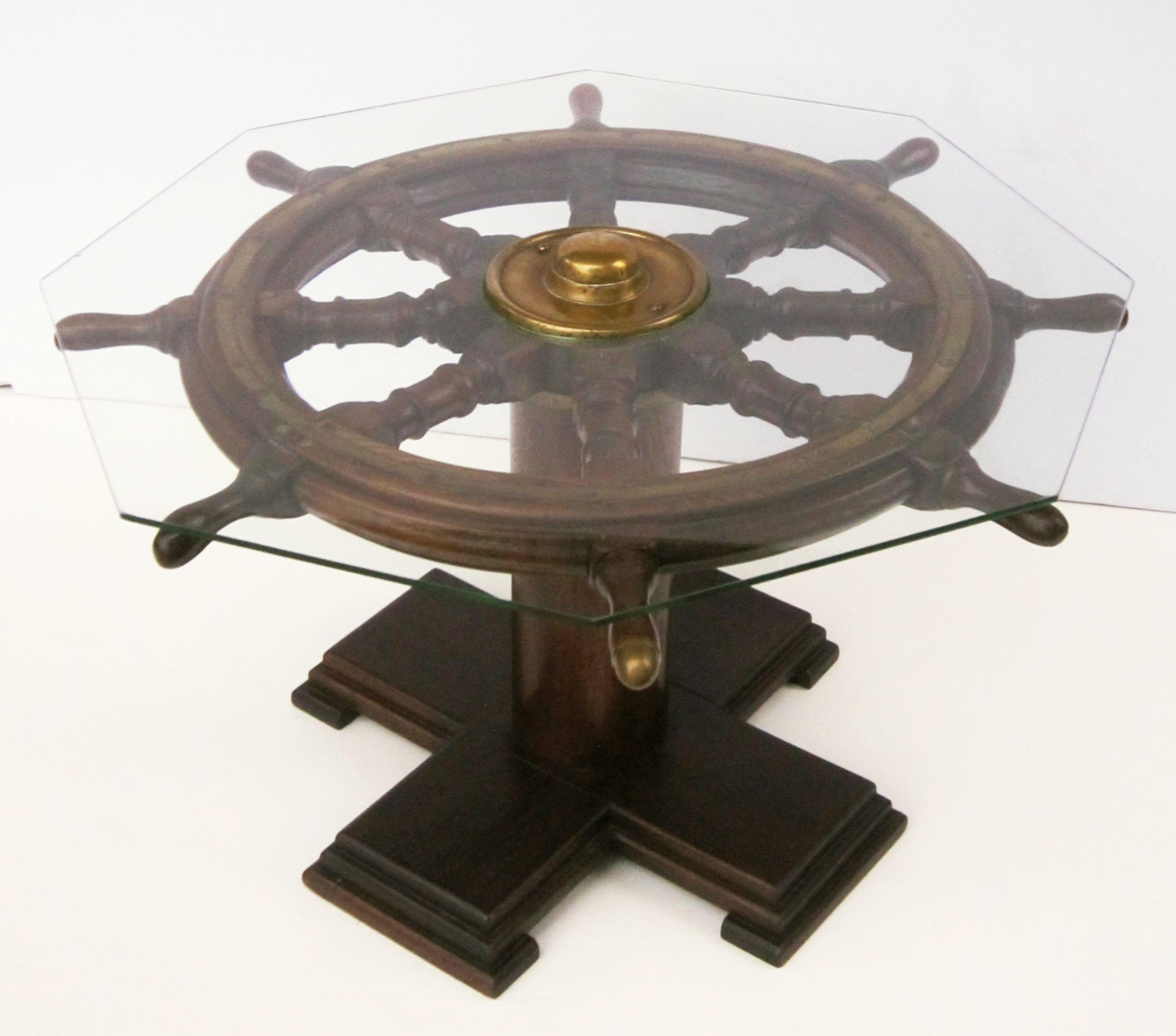 English Ship's Wheel Table of Oak and Brass with Octagonal Glass Top 1