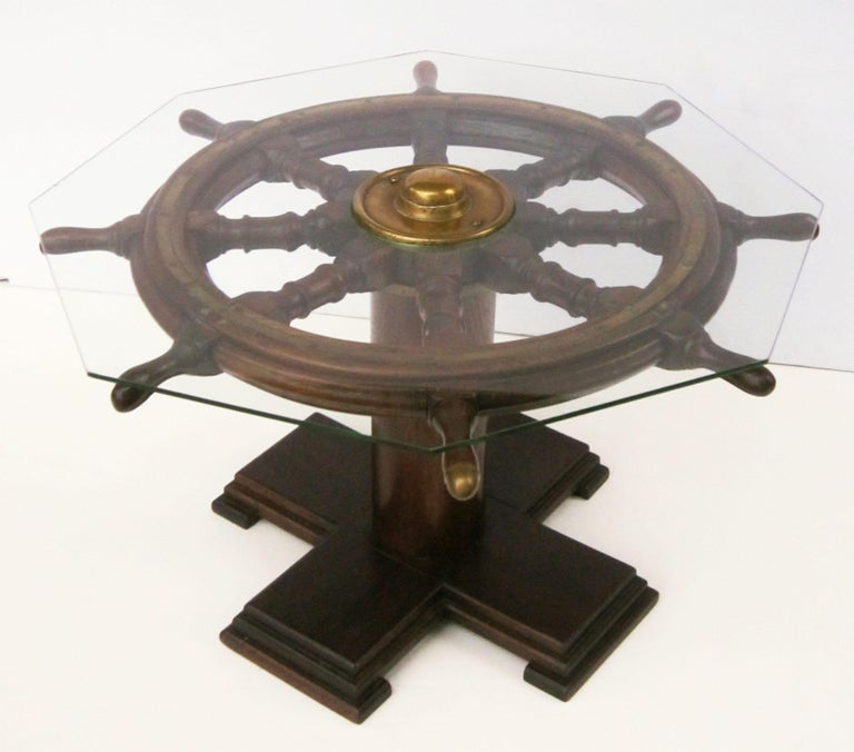 English Ship's Wheel Table of Oak and Brass with Octagonal Glass Top at
