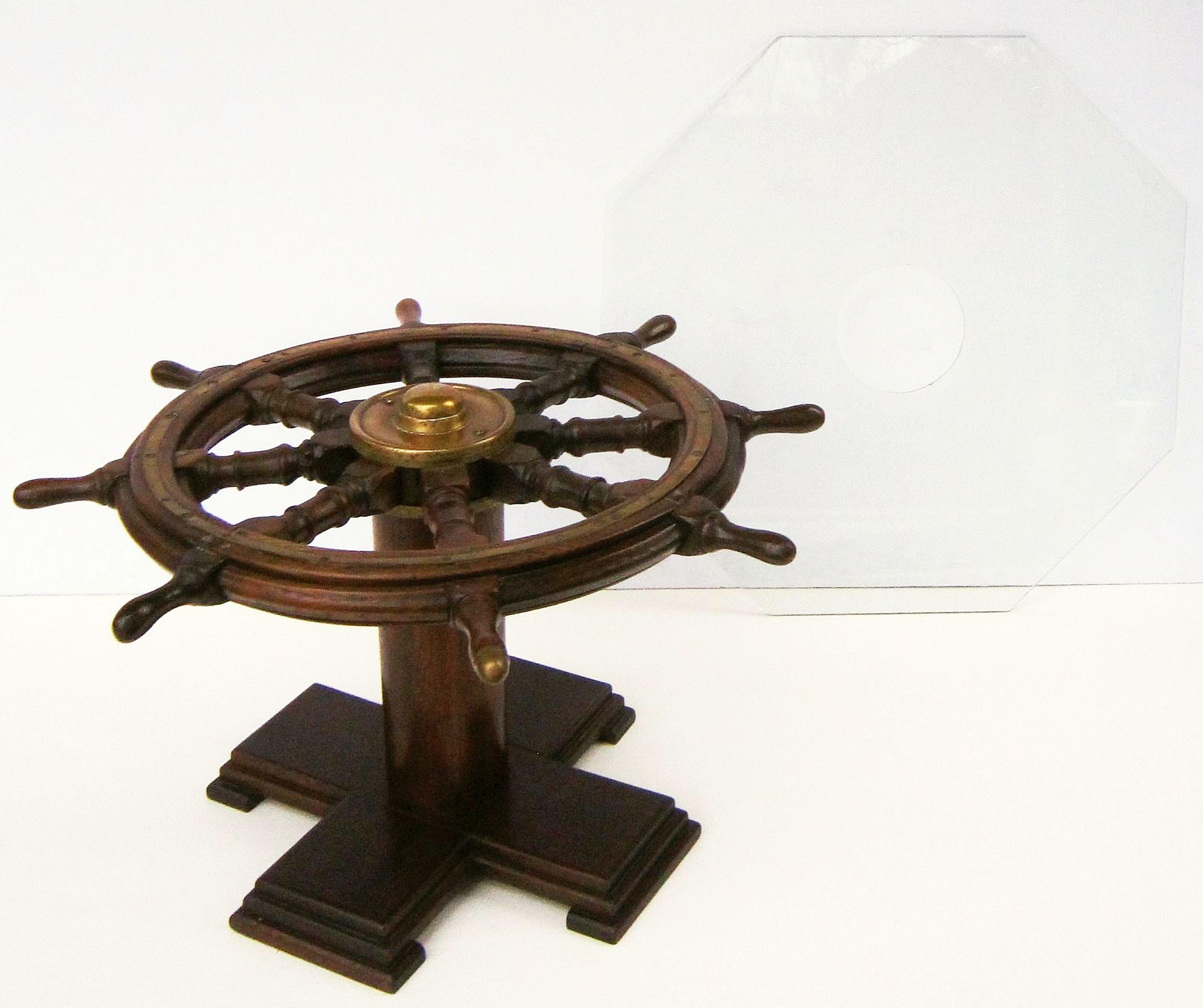 English Ship's Wheel Table of Oak and Brass with Octagonal Glass Top 4