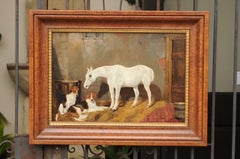 English Signed Framed Oil Barn Scene with White Horse and Hound Dogs, circa 1870