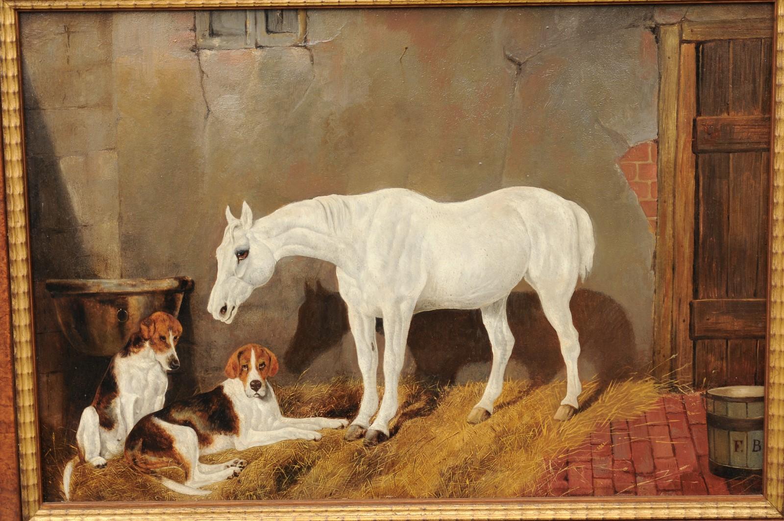 English Signed Framed Oil Barn Scene with White Horse and Hound Dogs, circa 1870 In Good Condition In Atlanta, GA