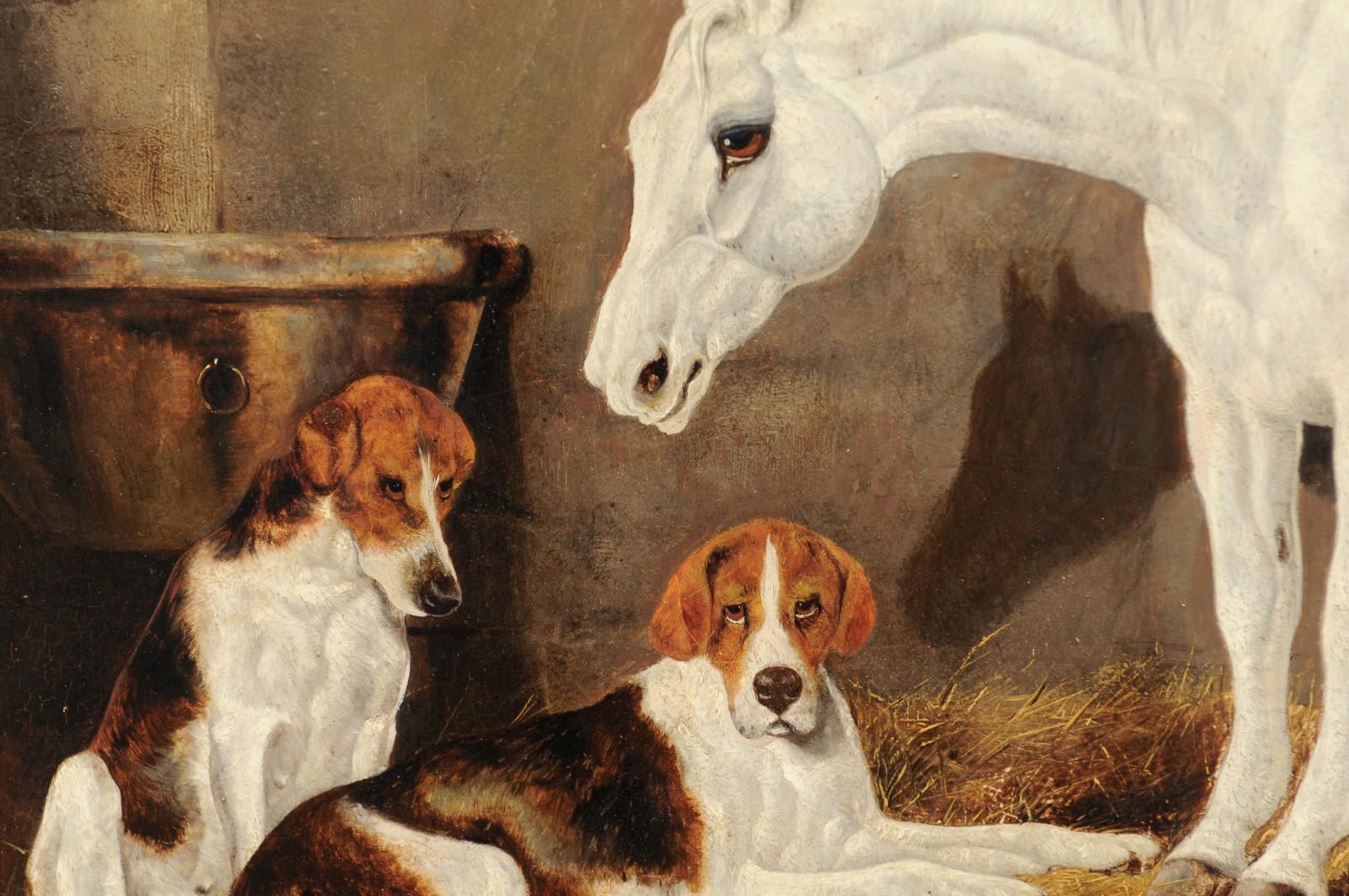 Paint English Signed Framed Oil Barn Scene with White Horse and Hound Dogs, circa 1870